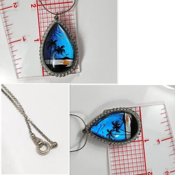 Vintage Morpho Butterfly Wing Pendant Necklace Painted Forest Palm Tree Blue - Picture 11 of 11